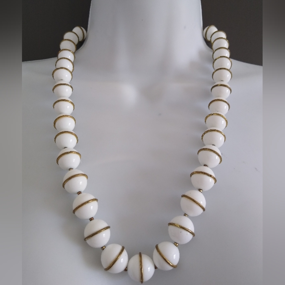 Crown Trifari White Bead Necklace with Gold Accents